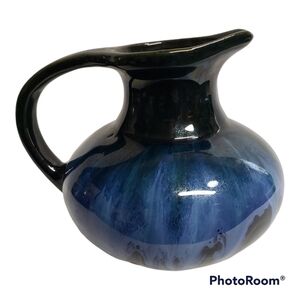 Vintage Blue Dip Glaze Redware Pottery Vase Pitcher Decor
